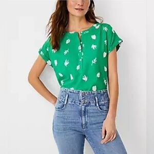 Ann Taylor Embroidered Popover Top Blouse S Green White Short Sleeve Linen Blend